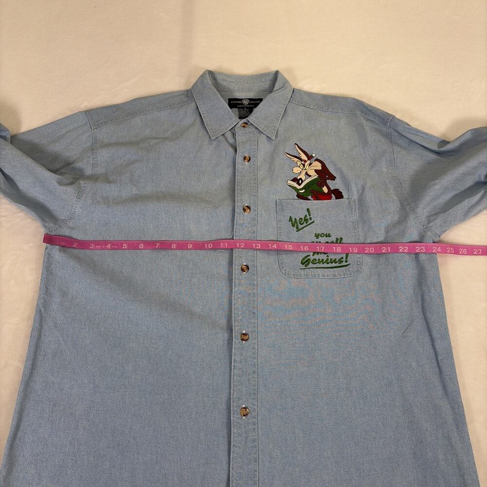 Vintage 1995 Warner Bros. Studio Store Wile E. Coyote Genius Denim Shirt Large - Picture 8 of 14